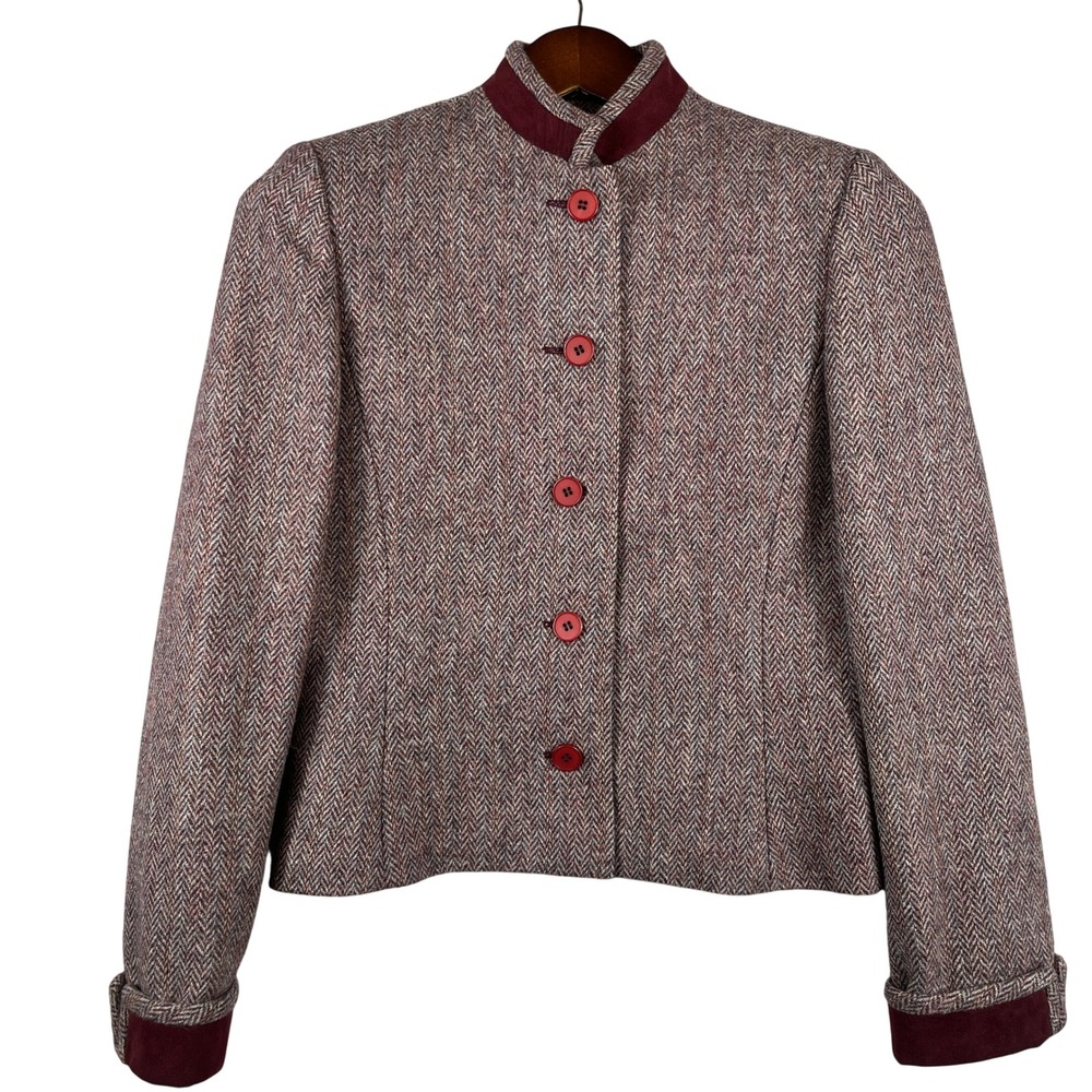 VINTAGE Raffinati Wool Blazer 8 Gray Burgundy Herringbone Lined Canada Trim